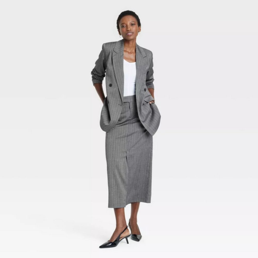 Women's Double Breasted Blazer - A New Day™ Gray Pinstripe L - Picture 3 of 4